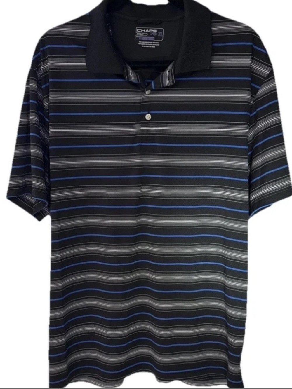 Chaps Golf Men’s Polo Shirt Black with Gray & Blue Stripes Size XL
